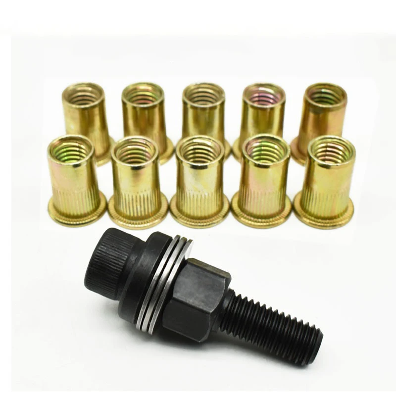 11pcs Heavy-Duty Rivet Nut Kit W/Tools (M3-M12) Zinc-Coated RH Threaded for Car Repair/Furniture/License Plate/Renovation