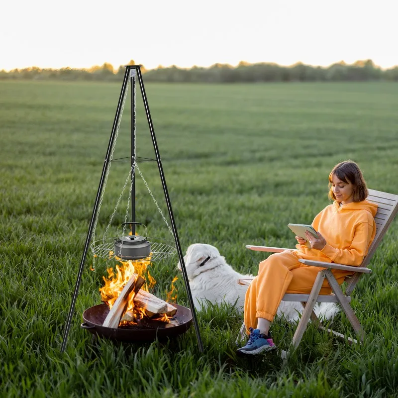 

Adjustable Height Campfire Tripod Grill BBQ Grate Firepit Cooking Rack Black Outdoor Camping