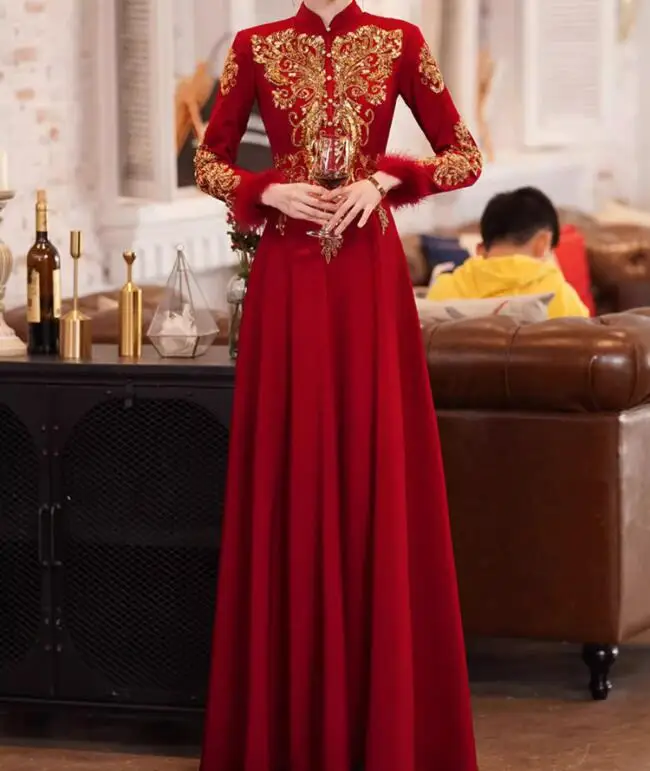 

Chinese Wedding Dress Red Cheongsam Long Winter Thick