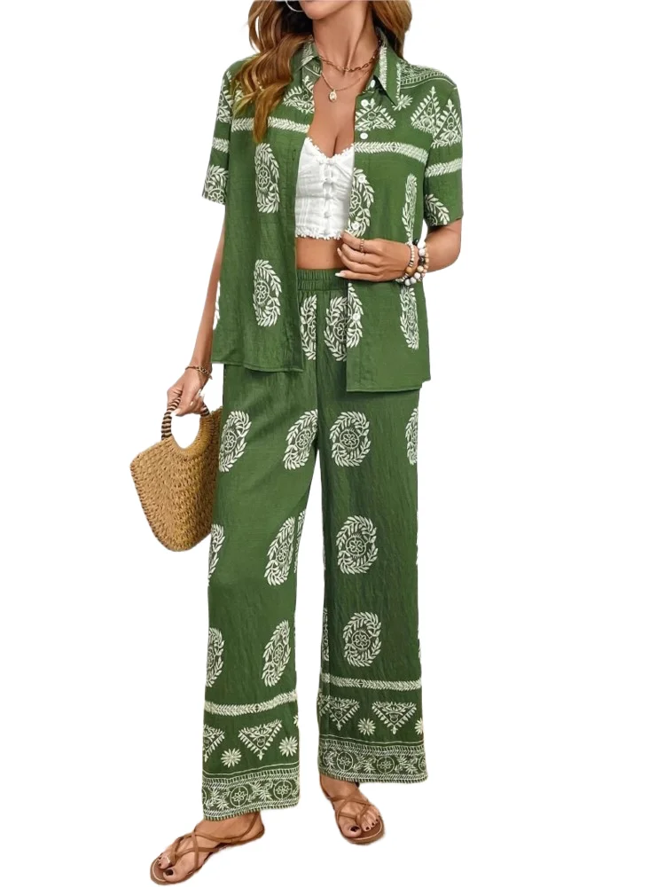 

Vintage Chic Women Floral Print 2 Piece Set Outfits Bohemian Fashion Casual Vacation Button Skirt Top And Wide Leg Pants Sets