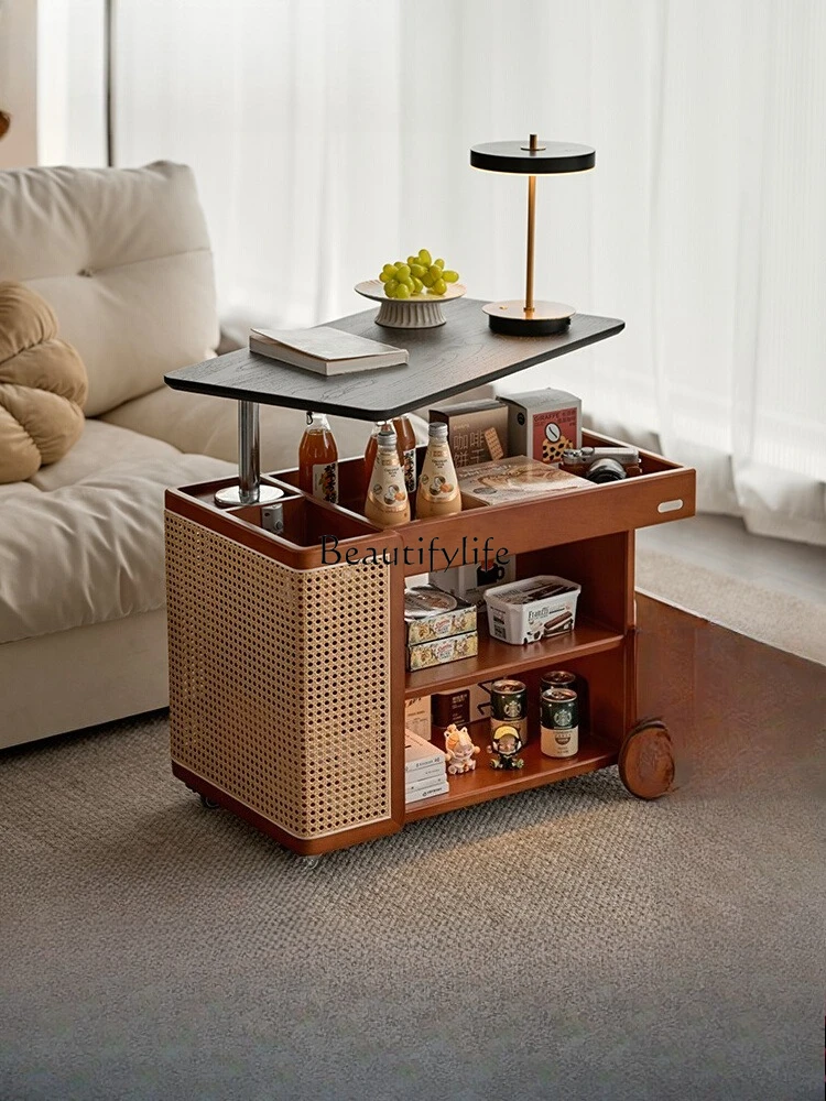 05-*Solid wood lifting edge few beech movable trolley coffee table