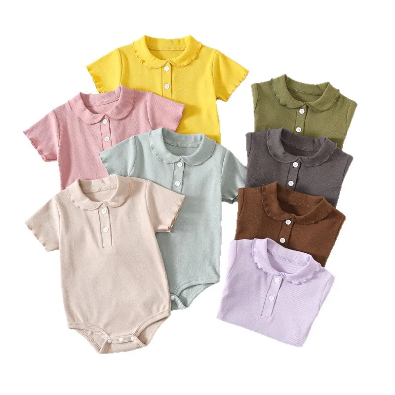 

Newborn Summer Baby Girl Clothing Lapel Jumpsuits Solid Color Short Sleeves Cotton Bodysuits Baby Clothes 0–24 Months