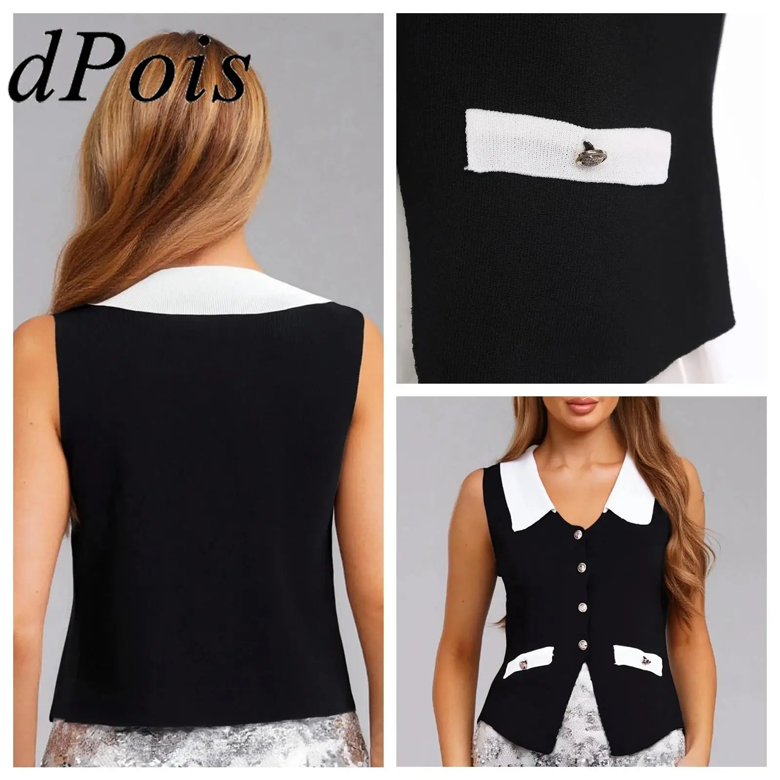 

Womens French Knitted Tank Tops Lapel Sleeveless Button-down Color Block Vests OL Waistcoat Office Work Casual Cropped Vest Top