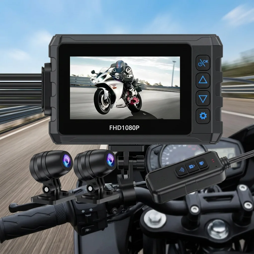 

3Inch Dual 150° 1080P IP65 Waterproof Motorcycle DVR GPS Dash Cam WiFi Front/Rear Lens Black Box Video Record with wired remote