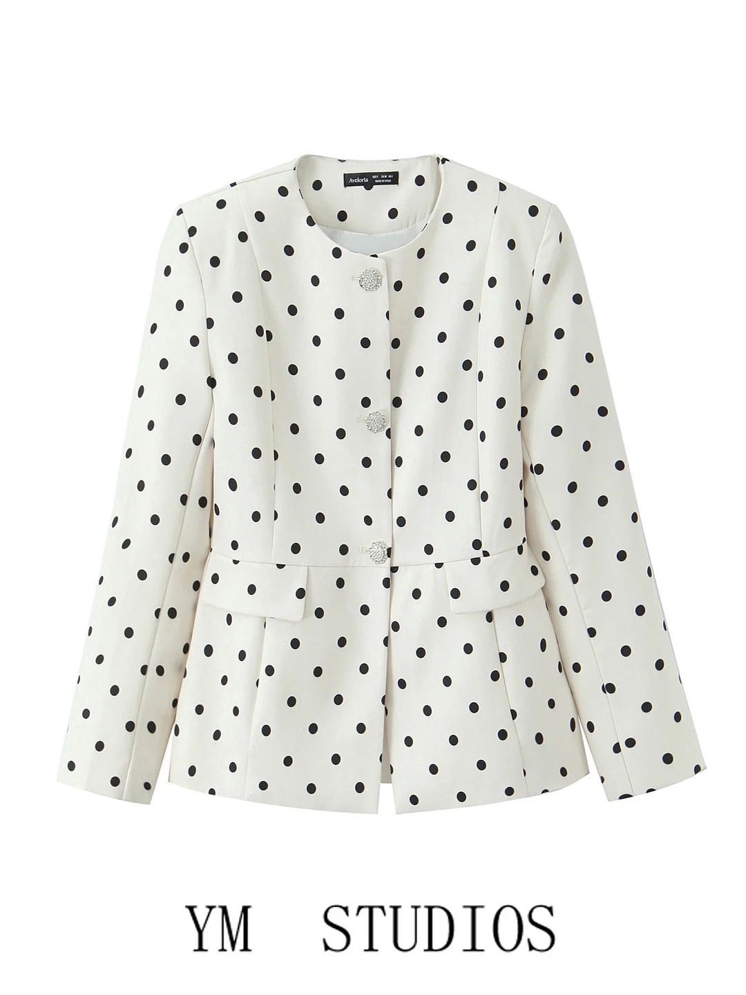 Women's Black Polka Dot Print Suit Jacket 2026 Spring Office Waist Cinched Western Style Long Sleeve round Neck Coat