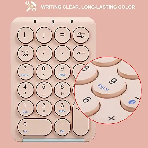 Pink Retro Wireless Bluetooth Numeric Keypad 22 Round Scissor Switch Keys Rechargeable Quiet Number Pad for Laptop Windows PC