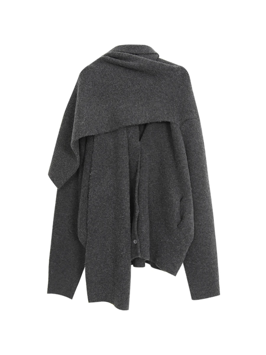 كارديجان نسائي رمادي محبوك بياقة مفتوحة للخريف والشتاء، سترة بتصميم عصري مريحة ودافئة