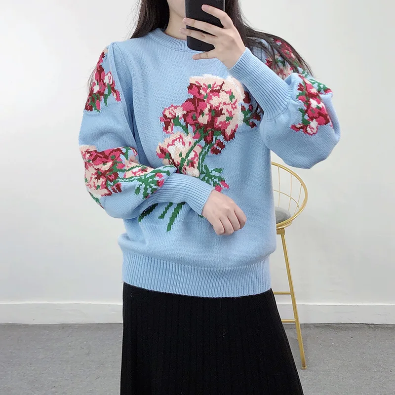 Women\'s Knit Sweater Flower Jacquard Loose 2024 New in Autumn Winter O-Neck Casual Long Sleeve Pullovers Women\'s Clothing