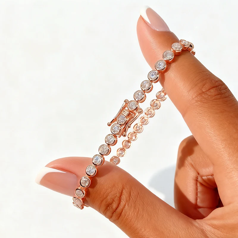 EWYA Dainty Clover Round Bezel Full Moissanite Link Bracelet Set for Women Party Fine Jewelry 925 Silver Diamond Chain Bracelets