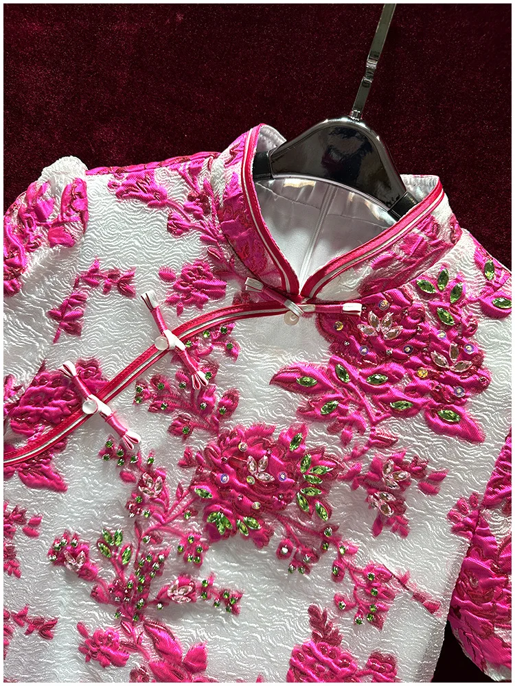 Robe Cheongsam de luxe à col montant, style chinois, manches courtes, ligne a, diamants, perles, robe de soirée de Banquet, printemps été