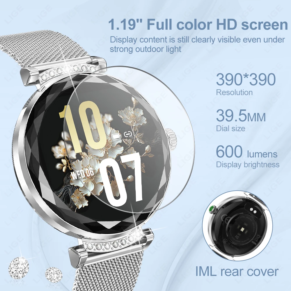 LIGE 1.19 Inch Female Fashion Smart Watch AMOLED Bluetooth Call Women Sport Fitness Tracker Health Monitor Smartwatch Lady Gift