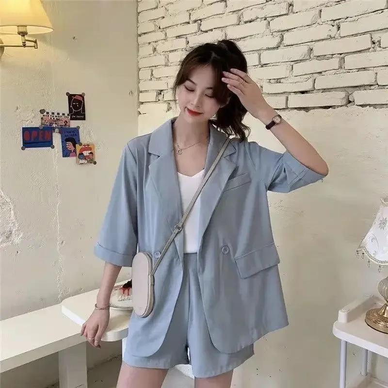 Summer Office Blue Short Sleeve Women\'s Pants Sets Blazer and Shorts Suit for Woman Clothing Black 2024 2 Pieces Outfit Casual