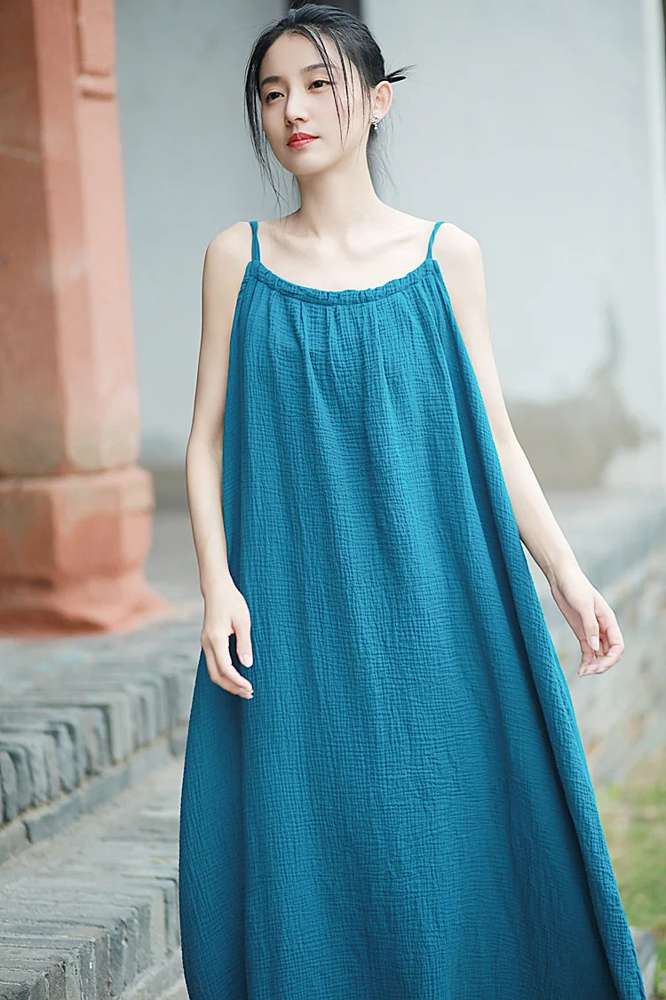 2025 Vestido camisola arrugado de gasa de doble capa con escote plisado, vestido largo, fotografía de viajes, estilo fresco, 5 colores