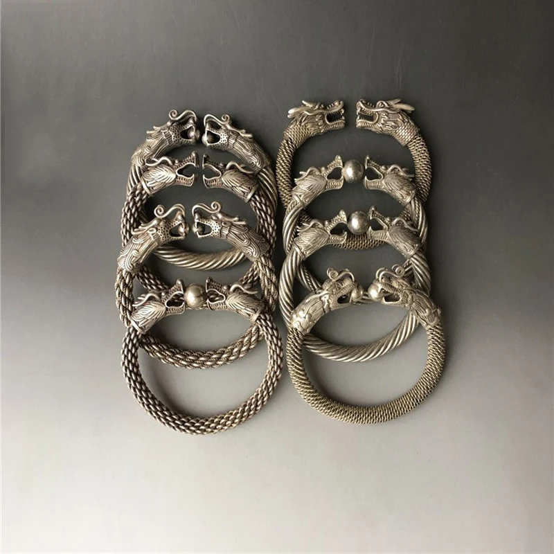 Chinese Rare Tibetan Silver Handmade Double Dragon Play Bead White Copper Bracelet Amulet Auspicious Men AndWomen Bracelet Statu
