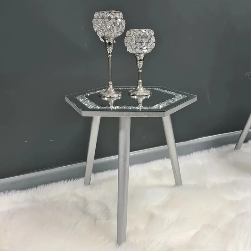 Luxury Tea Table Room Furniture Mirrored Side Table Silver Crystal Crushed Diamond Round Modern Mirrored Coffee Tables