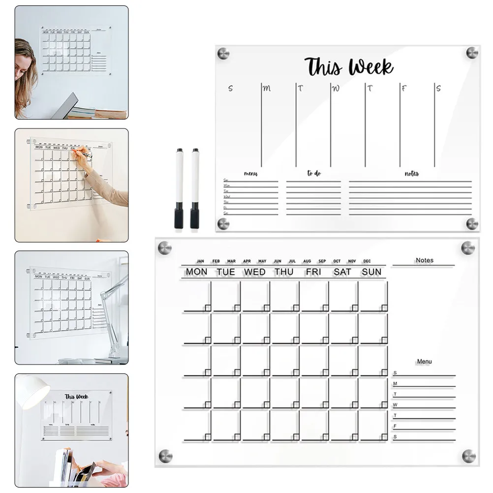 

2Sets Clear Acrylic Dry Erase Message Board Weekly Planner Wall Mounted Memo Board for Office Kitchen Wedding Party Home School
