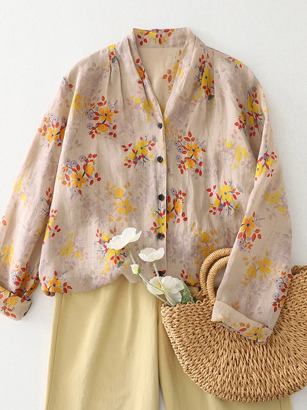 

Casual Long Sve V-Ne Printed irt Women's Loose Fit Versatile Spring Summer New Arrival Breathable Comfortable Ladies Top