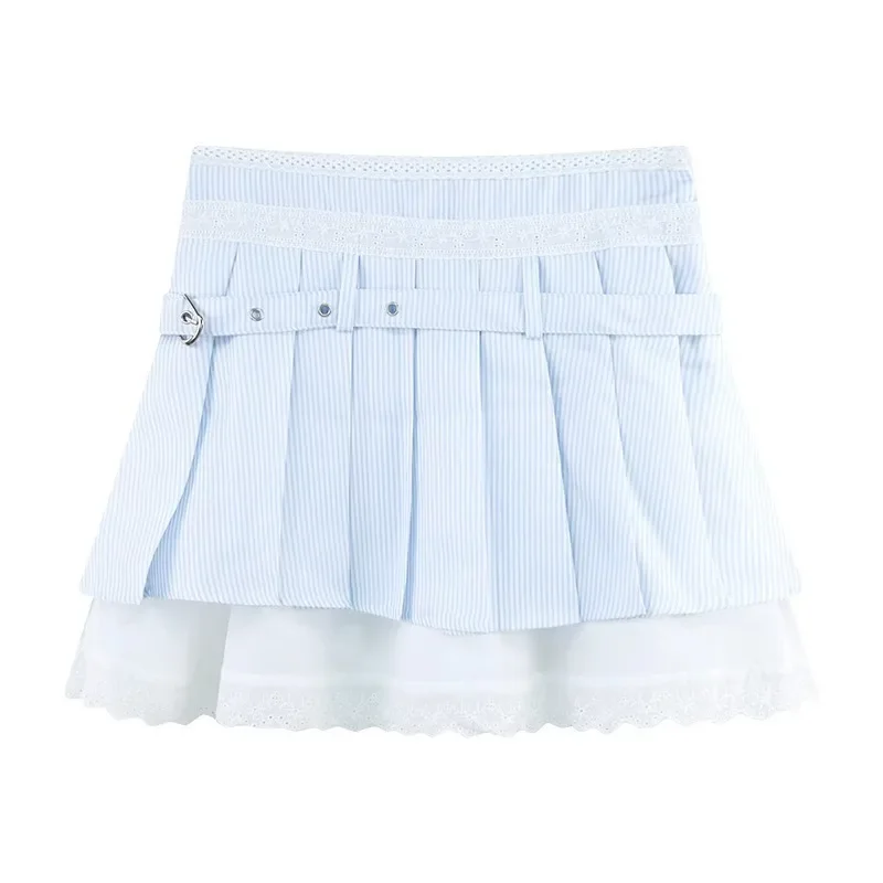 

Big Size Sweet Blue Striped Lace Edge Pleated Short Skirt, Sweet Girl, Summer Anti Glare A-Line Skirt, Female