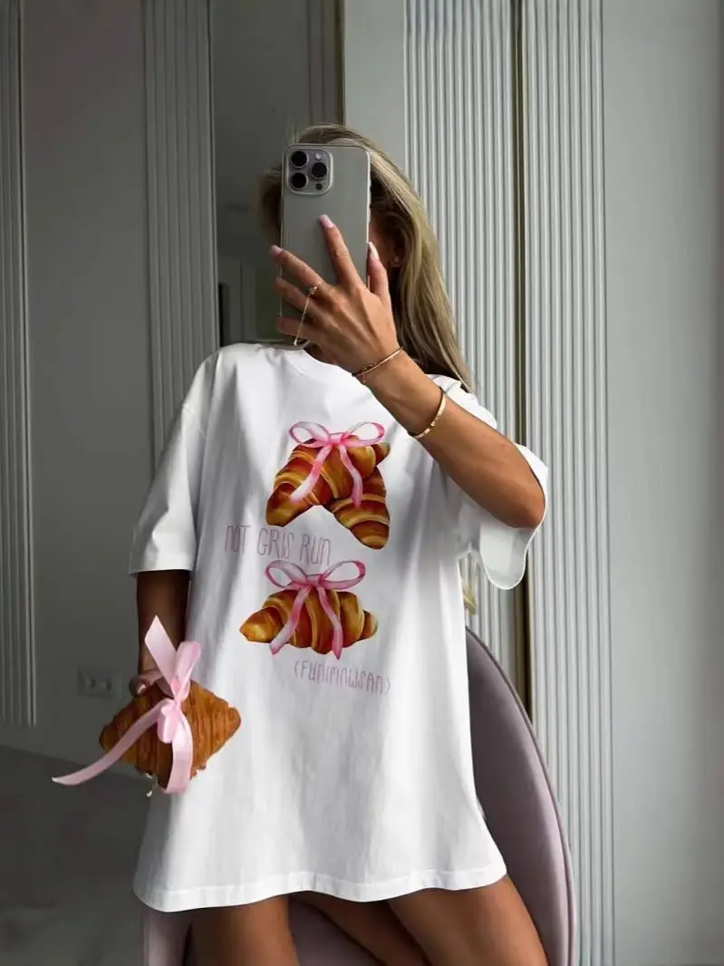 

European And American Style Summer 100% Pure Cotton Short Sleeved Casual Pink Bow Croissant Printed Loose Women's T-shirt