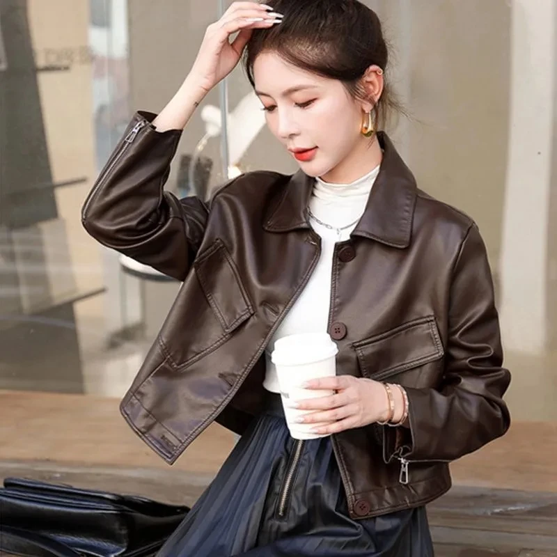 Faionable ort Leather Jaet dames 2025, herfst nieuwe Sle losse afslankende biker casual chique bovenkleding leren jas