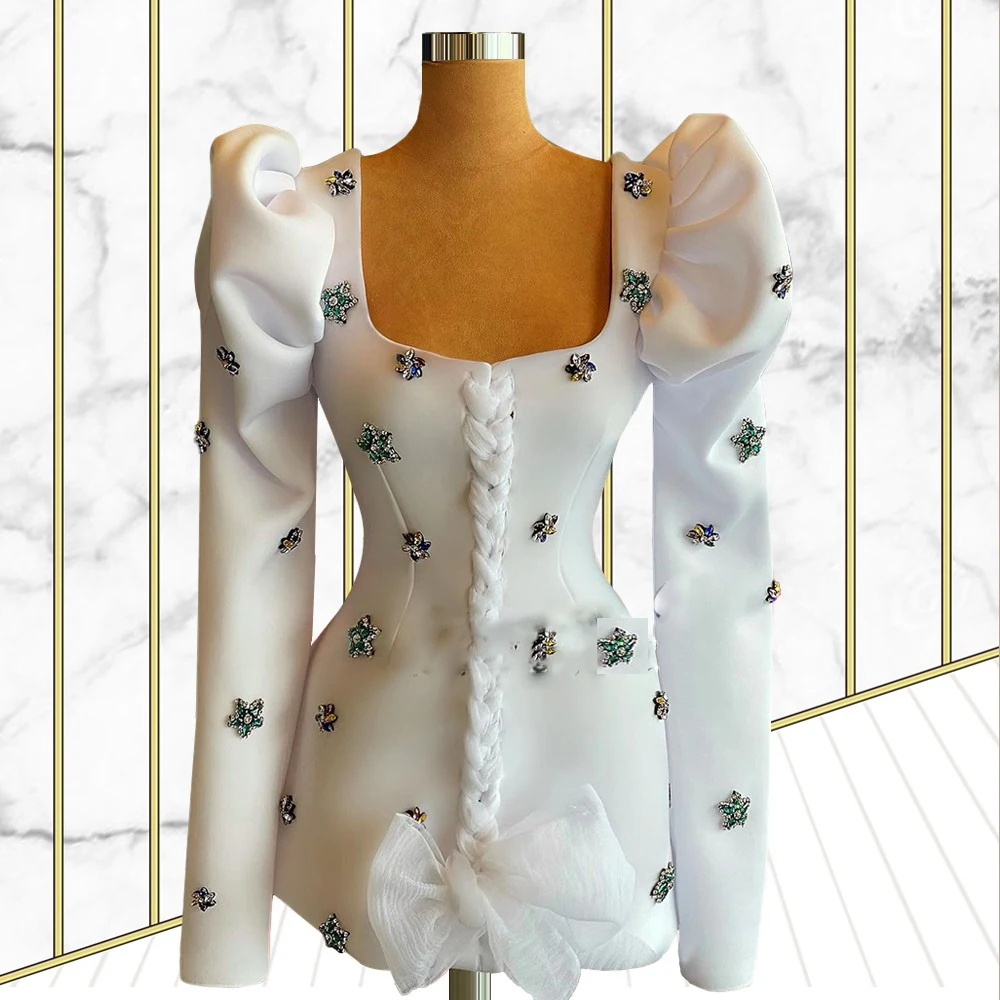 Feminino branco personalizado curto vestido de baile com manga, mini vestidos de festa, cristal, abiti da cerimonia, personalizado, 2022