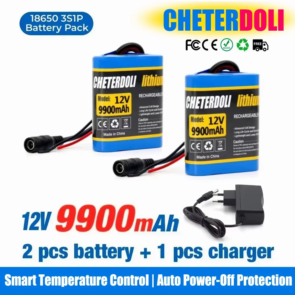 

100% New 3S1P Protection Plate12V 9.9Ah Battery Pack 12V 9900mAh 18650 Lithium ion DC 12.6V Super Rechargeable Battery + Charger