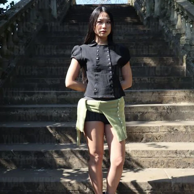 

Tees Coquette Basic Trendy Girl Teen T-shirt Front Open Sleeve Short Fit Slim Sexy Top Crop Knitted Up Button Y2k Women