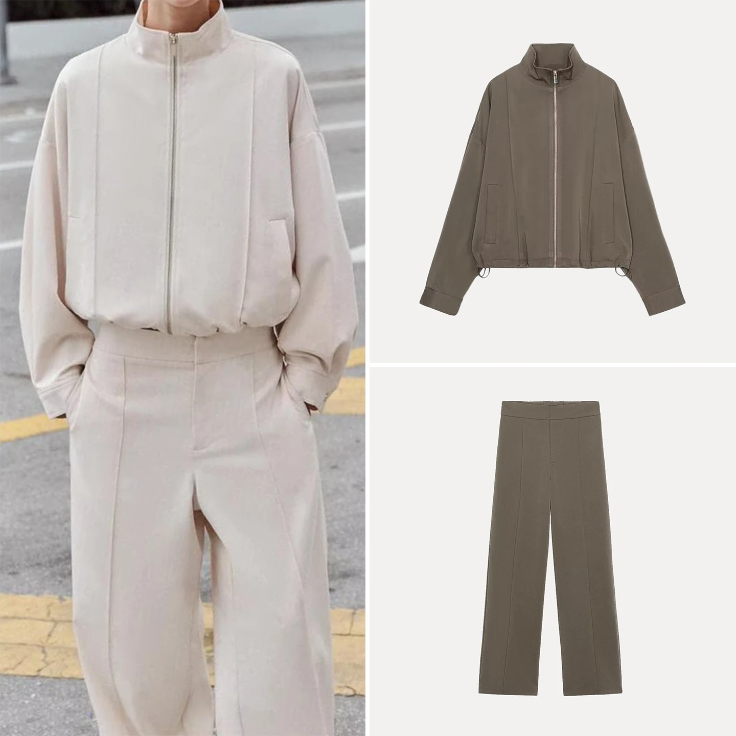 

Women's Pilot Jacket Coat High Waist Straight Leg Pants Stand Collar Geometry Line Decorated Fashion Set Long Sleeve Spring A...