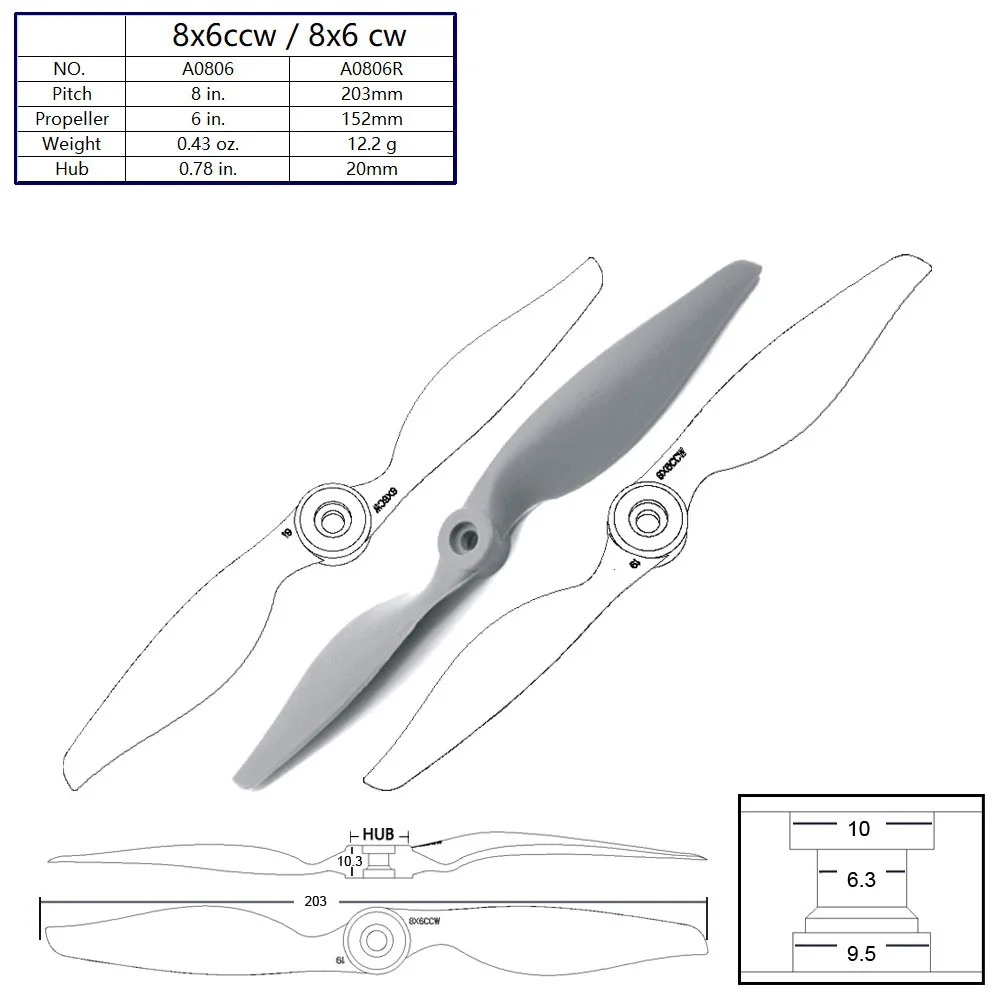 8Inch 8X6 8060 Electric Nylon fiberglass Direct-drive Propeller for Electric RC Airplane Quadcopter Multi-Rotor Racing Drone