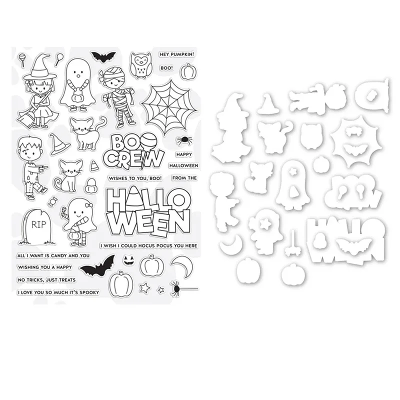 

Boo Crew Clear Stamps and Metal Cutting Dies Cobweb Ghost Halloween Transparent Silicone Stamps for Diy Scrapbooking 09