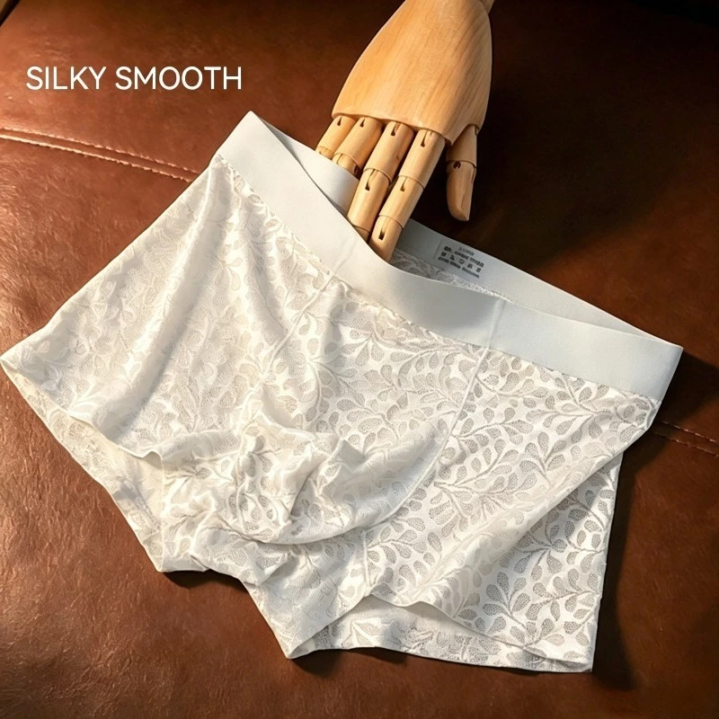 Men's Seamless Ice Silk Boxer Shorts Lace Hollow - out Ultra - thin Breathable Summer Underwear 3-Pack