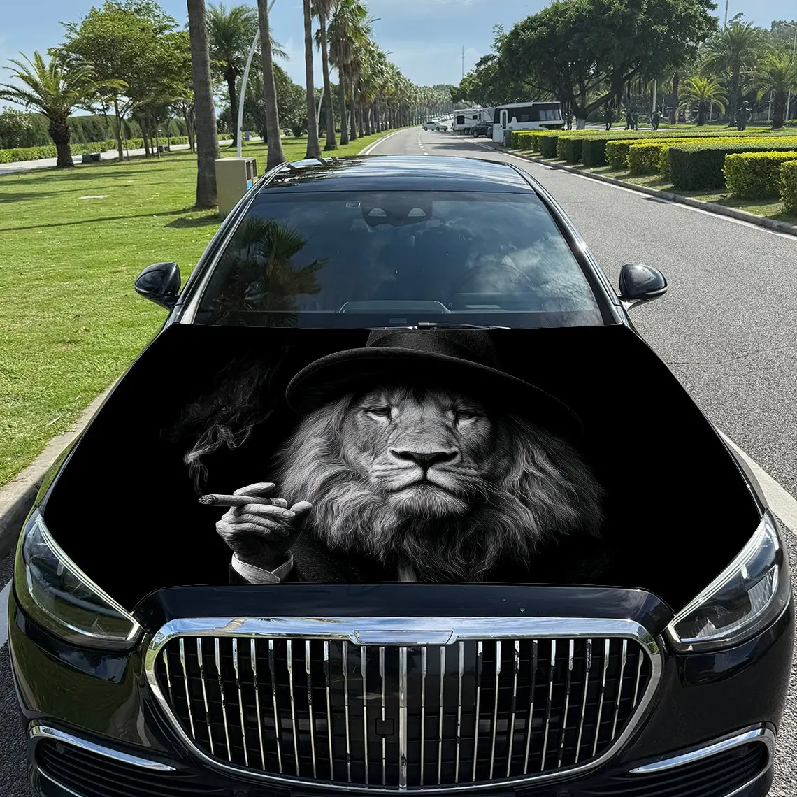 

Gentleman Cigar Lion Car Vinyl Wrap, PVC Waterproof Car Hood Sticker, Self-Adhesive Scratch-Resistant Stickers for Engine Cover,