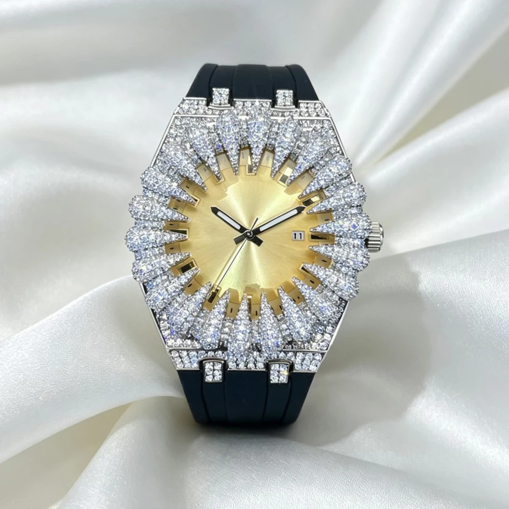 MISSFOX New Design Iced Diamond Watch Men Automatic Date Fashion Waterproof Quartz Clocks Hip Hop Gold Jewelry Wristwatch Gift