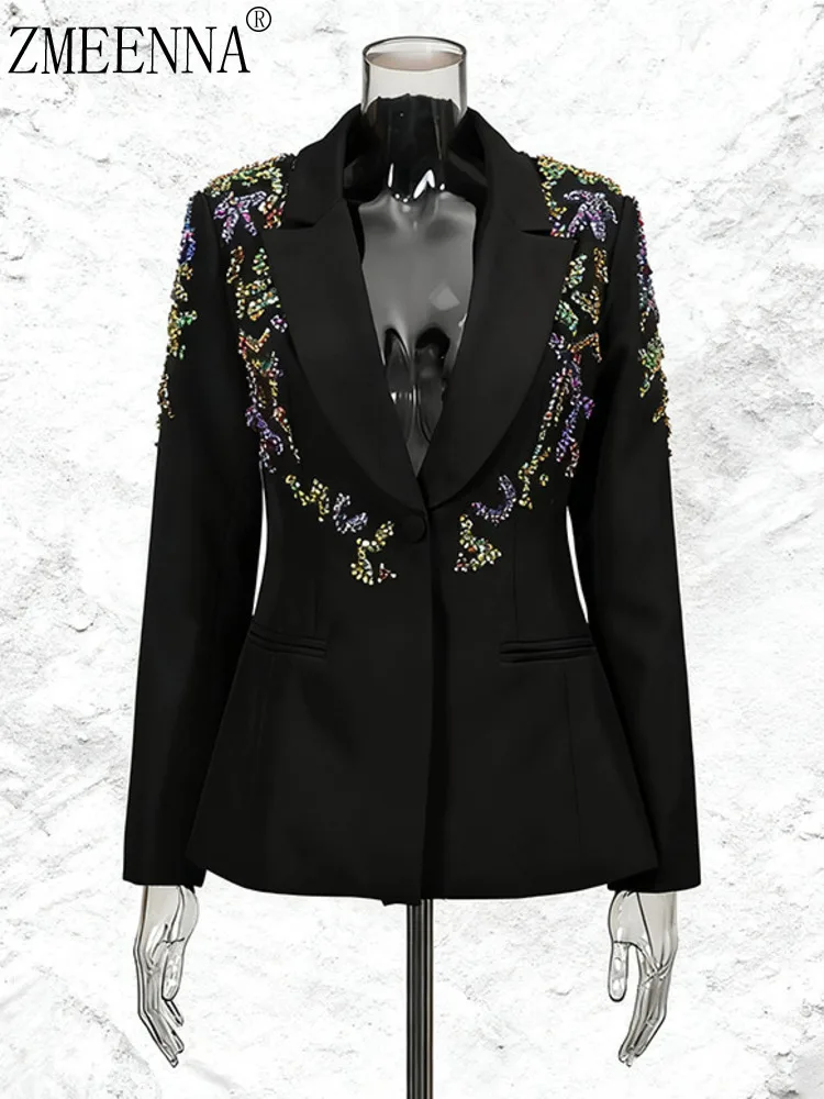 

ZMEENNA женский элегантный черный пиджак с украшением и зубчатыми лацканами на одной пуговице, торжественная вечерняя верхняя одежда ZM4183