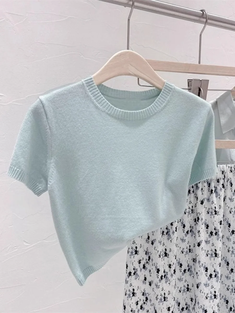 

Elegant Light Blue Short Sleeve Women's T-Shirt Knitwear Shoulder Width Regular Summer Thin Soft Top Korean Style Commute