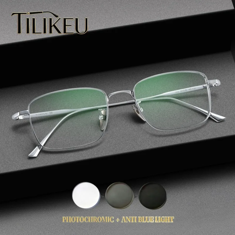 TILIKEU Ultra-Light Titanium Rectangular Prescription Reading Glasses Men Retro Square Photochromic Blue Light Blocking Glasses