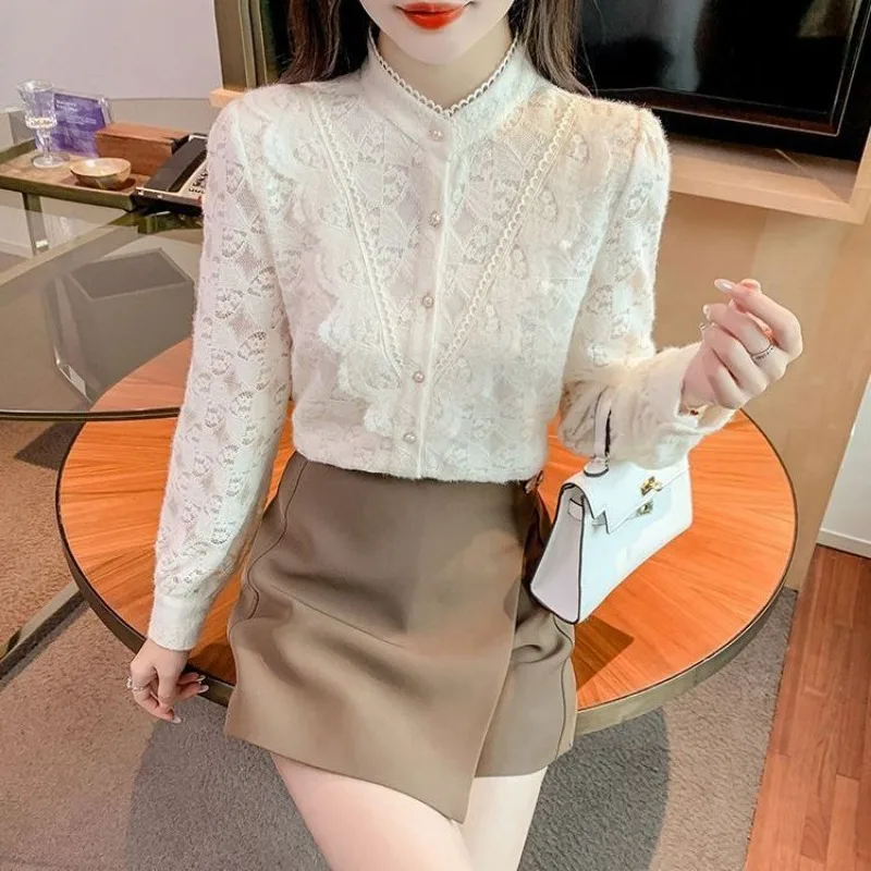 

Кружевной женский осенне-зимний модный пуловер с воротником-стойкой и длинными рукавами на пуговицах, элегантные топы для женщин