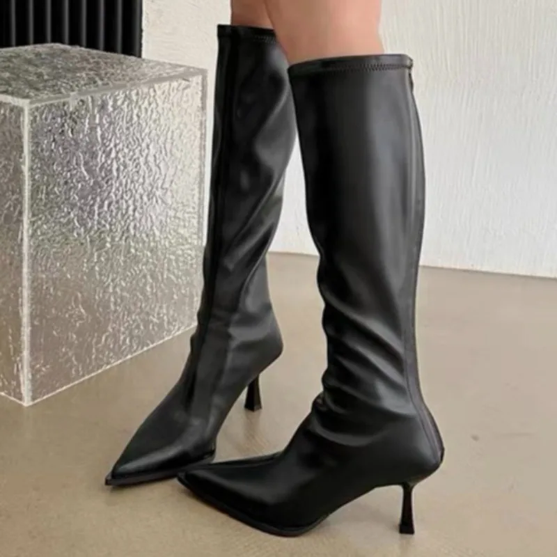 

Brand Pointed Toe Stiletto Mid-calf Boots 2025 New Style Two-tone Rear Zipper Design Versatile Leather High Boots 35--40 Sizes