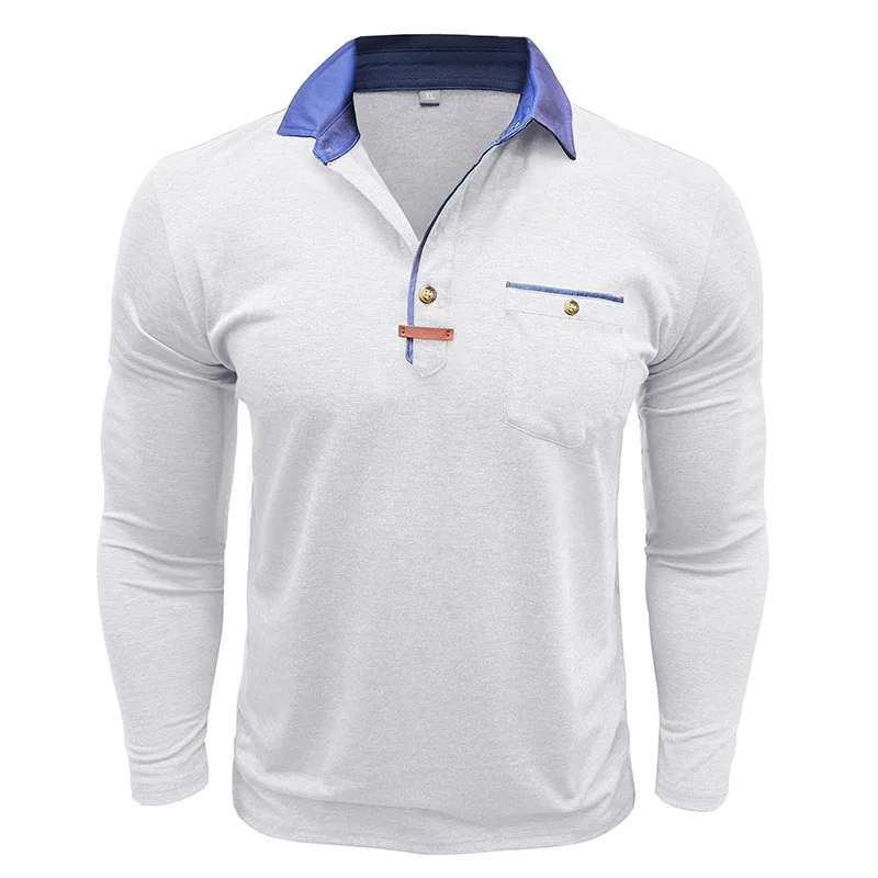 Langarm-Poloshirt für Herren, lässig, schmale Passform, Henley-Kragen, T-Shirt mit Tasche, Smart Blend Tops – Detail 34