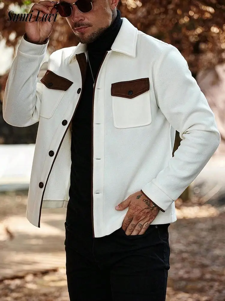 Streetwear Vintage Mens Woolen Coat Jacket Fashion Patchwork Multi Pocket Cargo Jackets Fall Casual Button-up Lapel Outerwear