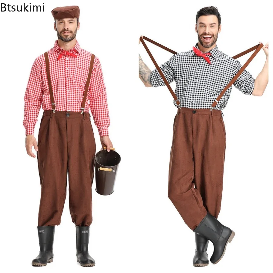 Disfraz de Cosplay de Hombre Medieval, Colonial, Campero, Camisa a Cuadros Vintage para Adulto, Conjunto de Pantalones con Tirantes, Disfraz para Fiesta de Halloween
