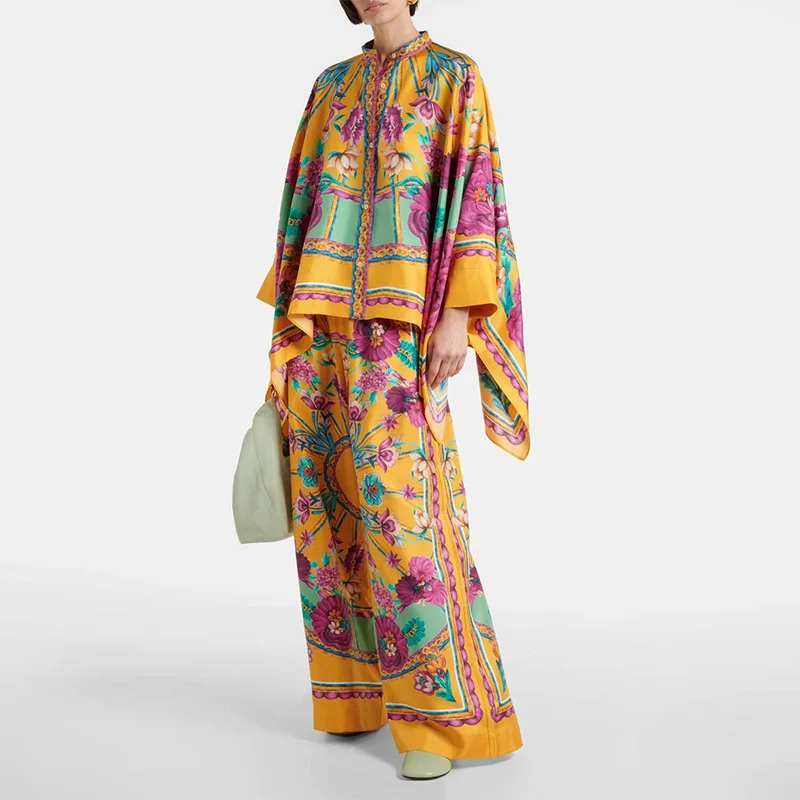 Elegant Women's Irregular Geometric Print Pants Sets Long Sleeve Oversized Shirts and Wide Leg Pants Stylish Streetwear Suit