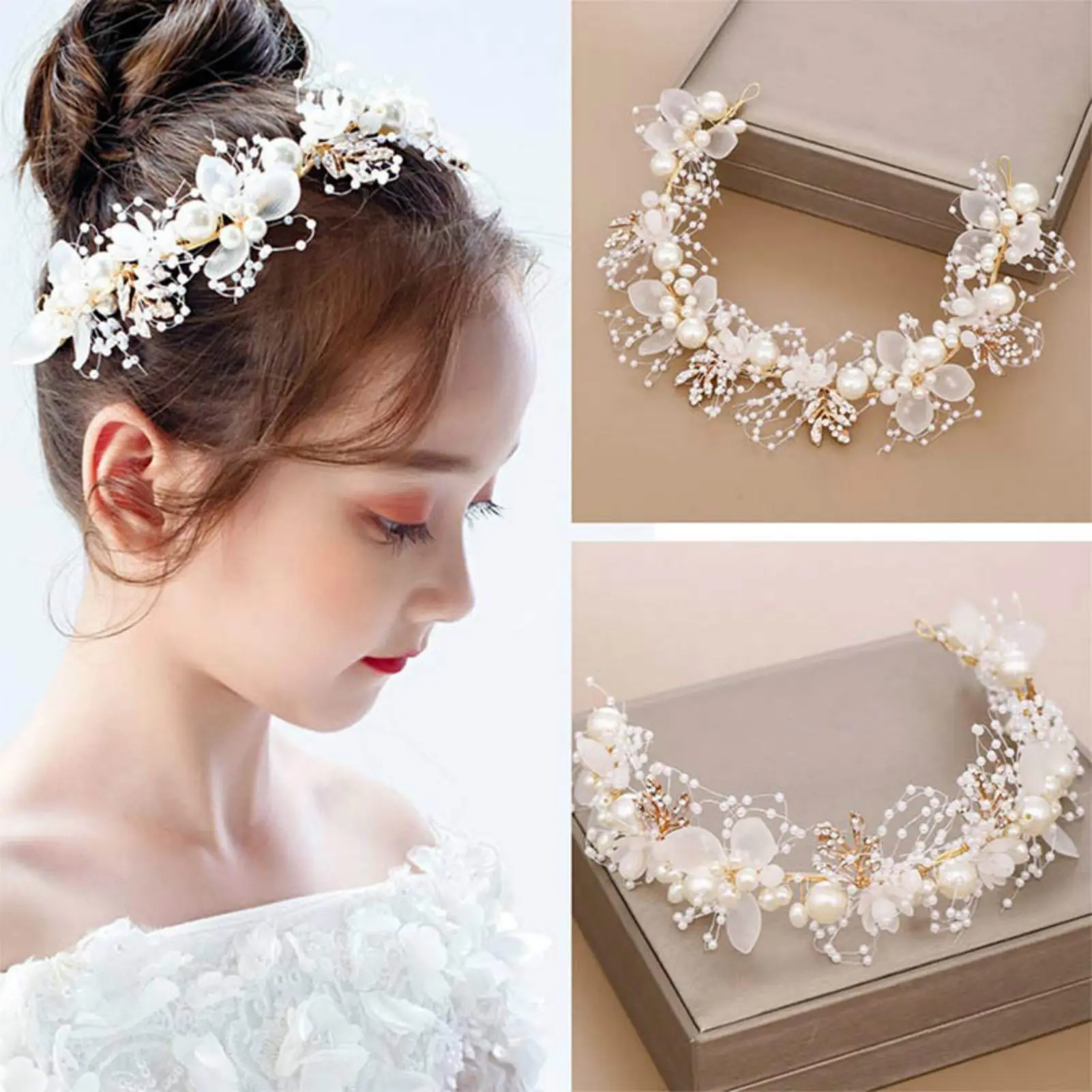 Pearl Flower Headband Bridal Headdress Girls Wedding Crown F