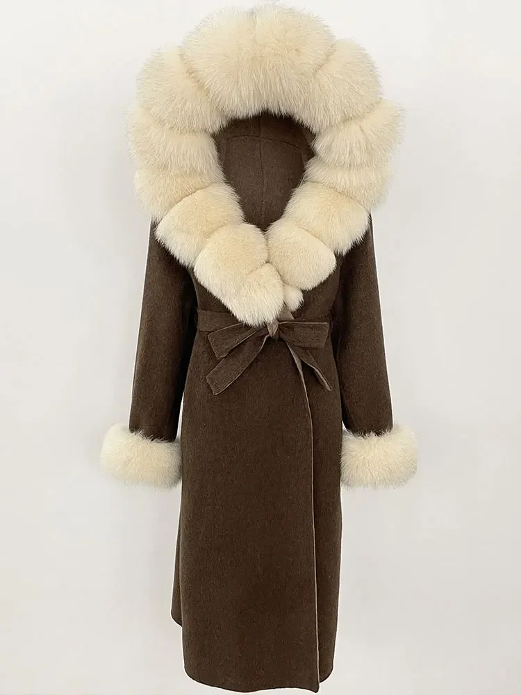 Manteau à capuche en laine mélanges de laine Double face pour femme, vêtement épais et chaud, avec col en vraie fourrure de renard naturelle, automne et hiver