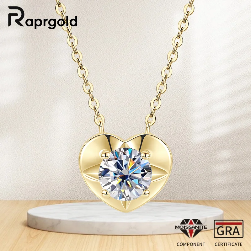 

RAPRGOLD 1.0CT Round Moissanite Love Heart Pendant Necklaces for Women S925 Sterling Silver Clavicle Chains Fine Jewelry Gifts