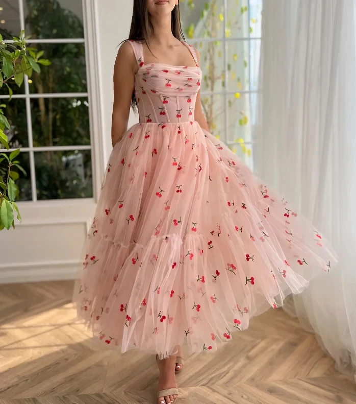 A-line Cherry Lace Appliques Prom Dresses for Women Tulle Wedding Dress lovely Long Skirt فساتين متوسطة الطول