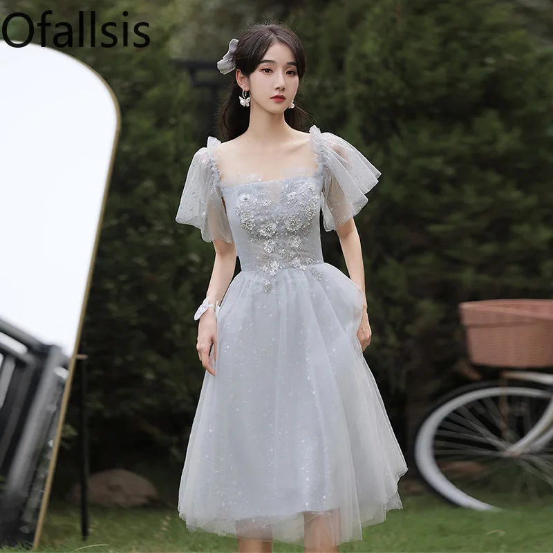 Ofallsis Grey Bridesmaid Dress 2024 Women's New Spring Autumn Fairy Sweet Thin Gauze Girlfriends Sisters Group Evening Dresses