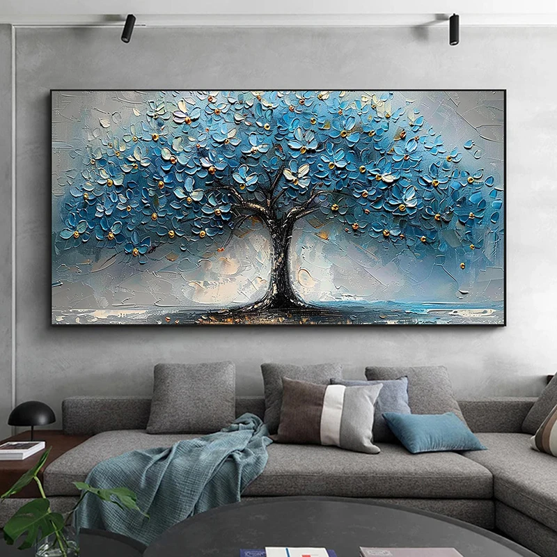 Tree of Life Oil Painting on Canvas Posters Abstract Texture Blue Tree Painting Wall Art Large Tree Prints Picture Home Decor