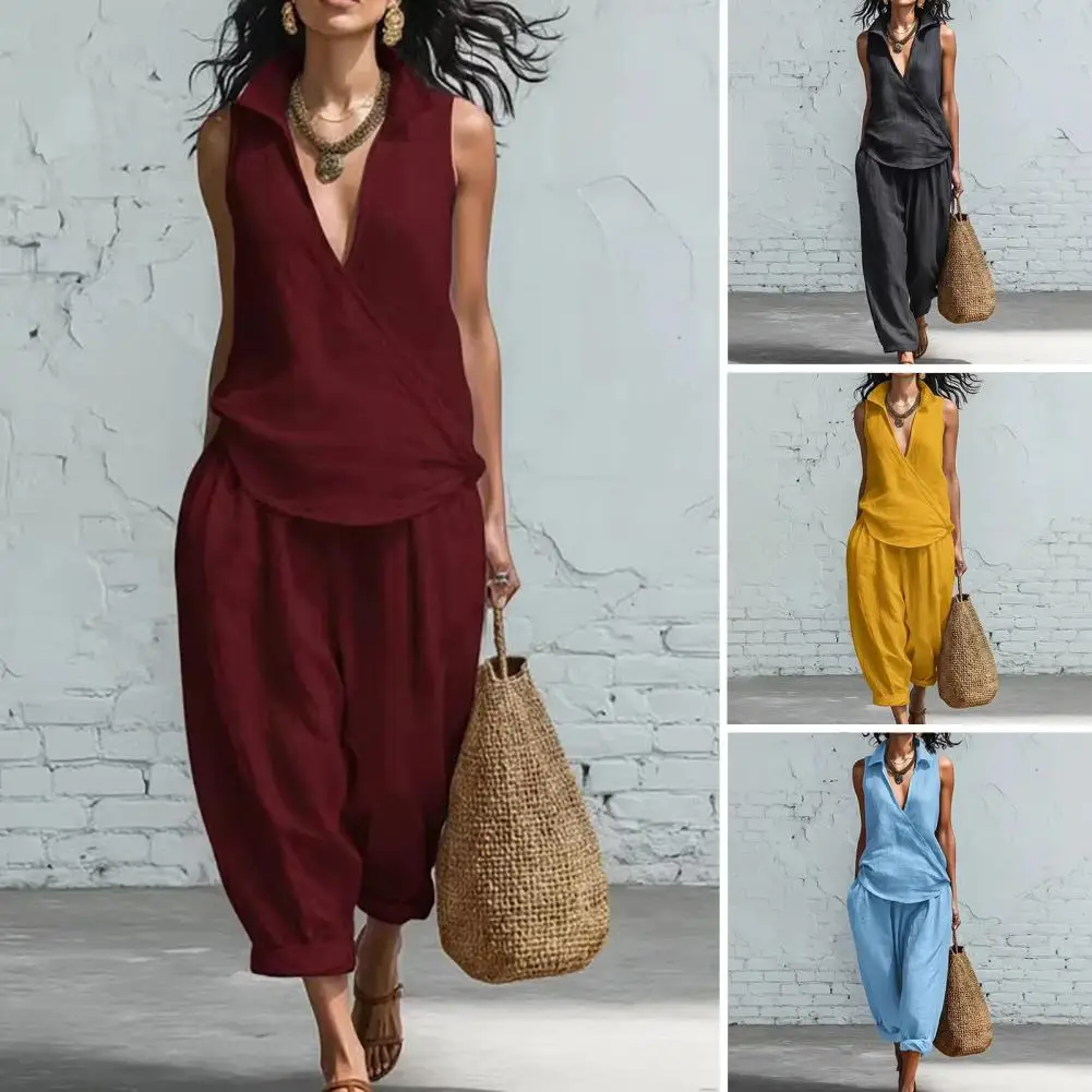 

Casual Solid Set For Women Fashion Solid Sleeveless V Neck Tops+High Waist Wide Leg Pants 2 Piece Sets Lady Holiday Women's