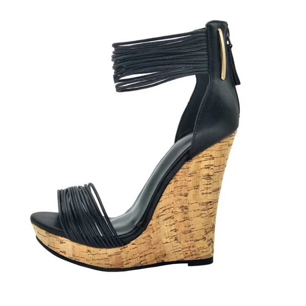 

14CM High Heeled Wedges Platform Sandals,Stage Show Summer Shoes,Peep Toe,Ankle Buckle Strips,Rome Style,Black,Dropship,s